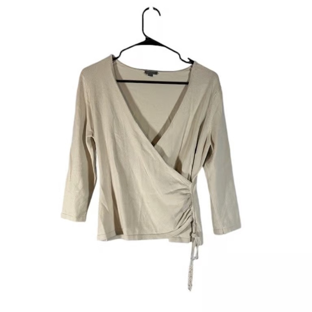Ann Taylor Beige Long Sleeve Wrap Style Dressy Blouse Women Sz M